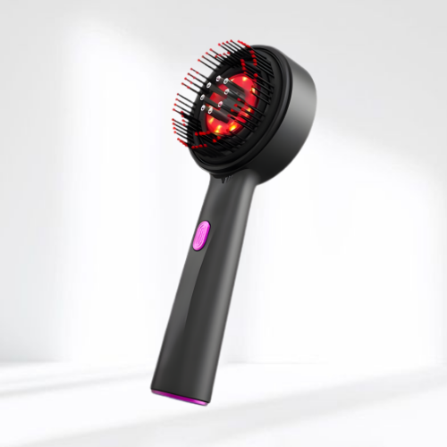 Black hair dryer with red light on a white background